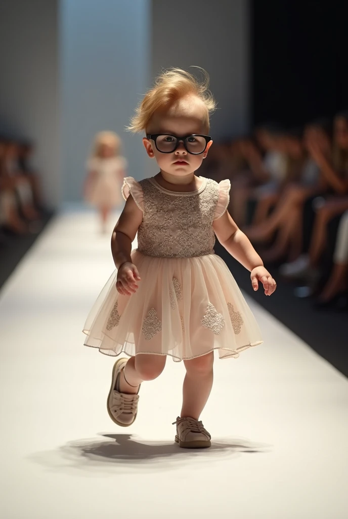 Baby with glasses and stylish hair in a dress with a suit on a catwalk walking in a fashion show