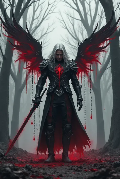 dark man standing in a forest with leafless trees. He is wearing a dark coat with red accents. White hair,  silver armor with chain, From the characters body and arms, dynamic blood swirls emanate from back creating red Blood wing. The pools of blood seem ...