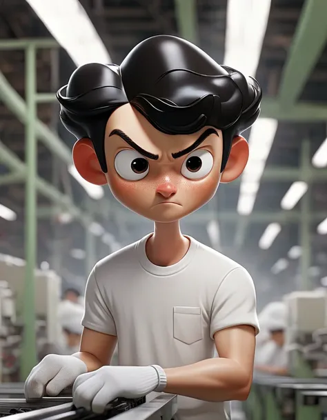 "A figure of a man with black mushroom cut hair, wearing a white T-shirt, white shorts, and white socks, is shown with his arms extended horizontally as he is being mass-produced on an assembly line in a factory."