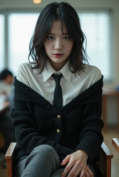 (8k, RAW photo:1.2), (japanese woman:1.5), 30 y.o, detailed face and eyes, high quality, high resolution, very detailed, office room, ((black off shoulder loose collar sweater with white long sleeve buttoned shirt on the inside)), necktie, disgusted face, ...