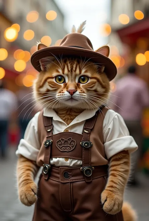 A sweet cat goes to the Oktoberfest. In leather trousers, shirt, vest and traditional hat. Behind him is a float. 4K.