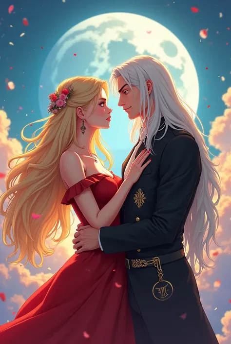 Wattpad Cover Dedicated to Novel by Impossibly Beautiful Young Femme Fatale, Incredibly beautiful blonde, Princess of Venus and General of the Earth Army, At all, Beautiful, stately, masculine mature man with long straight platinum hair.anime style.