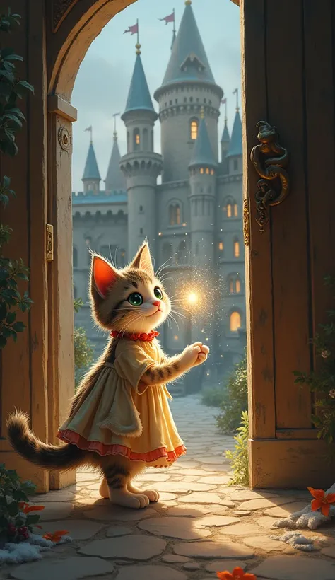 A poor female kitten wanted to go on a party in a castle but her dress was very ugly they stopped her at the door because her dress was ugly she became sad and started crying a big cat came to her and do magic on her dress 