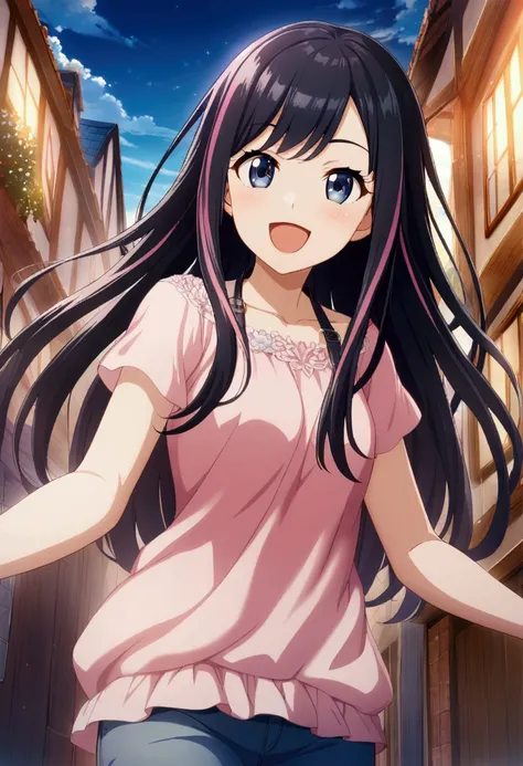 1girl, black hair, pink hair streak, long hair, blue-black eyes, casual clothes, CG, enthusiastic smile, teenage