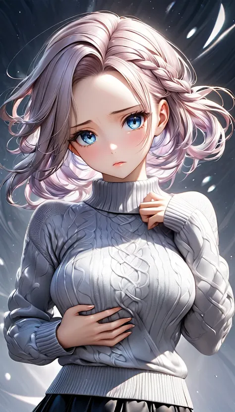 cool beauty, sad expression, grabbing_breasts, striking beautiful eyes, glossy silky braided bangs hair, forehead, make-up, fascinating, perfect proportions, wearing tight fit knit sweater and fluttering skirt, delicate and dynamic textures, 2.5D, digital ...