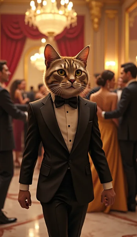 Create an image of handsome beautiful male brown cat wearing formal suit entering in the ball party