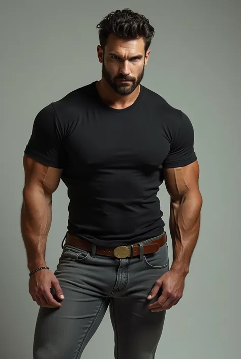 Hyper realistic image, handsome white man, About 2, barba , dark brown wavy hair, similar a Theo James, with an unfriendly appearance, muscular body. . Dark shirt, Thight Gray jeans (((Big Bubble butt))) (((backside)))  leaning over until touching the floo...