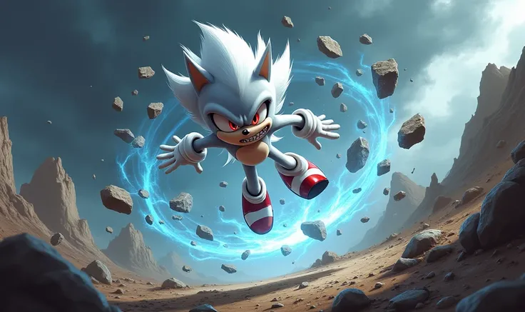 Create an image of the character Silver from the Sonic drawing levitating rocks with an evil face