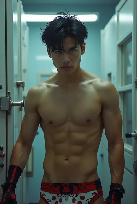 Handsome Chinese teenager model, tied hands to two laboratory experiment poles, muscular, sweaty, laboratory experiment room, sexy, Korean, Japanese, Chinese, bulging, sweaty, hot, realistic, black hair, perfect Asian male face, Spiderman patterned underwe...