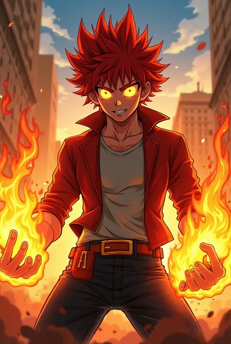 a male character, in my hero academia anime style, with red hair, bright orange eyes, with hands on fire