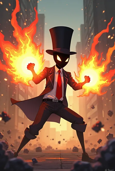 generates a stickman with a red tie, a top hat not so tall and that has the ability to have energy fists and that the drawing has a style similar to that of an anime but that his energy fists are connected to his commune and that it looks epic like his fes...