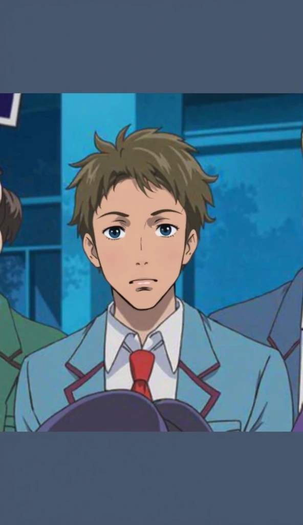 1 boy, light brown hair, blue eyes, Brazilian school uniform consisting of a blue suit, white dress shirt and red tie; he is sitting pensively on a bench in the school yard. The sky is clear, but with some clouds in the background, and other students are t...