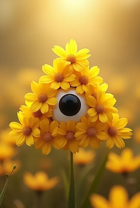 Triangle of yellow flowers with a black pupil eye in the middle