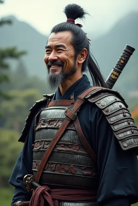 Create me a picture of a Japanese samurai with a very realistic smile
 