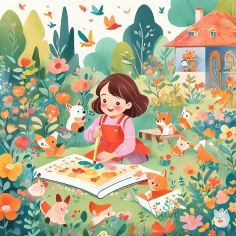  girl playing in garden, colorful flat illustration. Toys surrounding her, depicting innocence and joy. Child-like drawing style mimicking colored pencils and watercolor paint, capturing playful essence and popular childrens book aesthetic, flat illustrati...