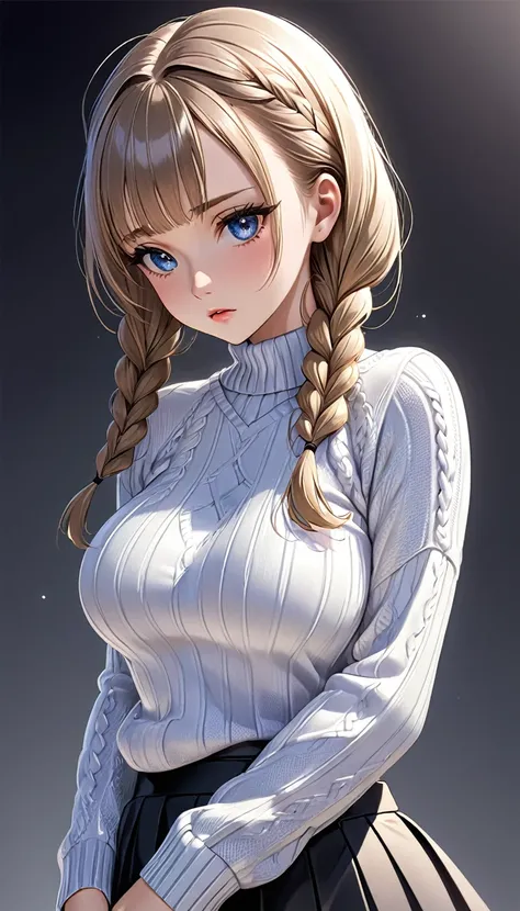 cool beauty, sad expression, grabbing_breasts, striking beautiful eyes, glossy silky braided bangs hair, forehead, make-up, fascinating, perfect proportions, wearing tight fit knit sweater and fluttering skirt, delicate and dynamic textures, 2.5D, digital ...