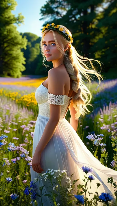 a beautiful woman with long blonde hair in a ponytail, piercing blue eyes, delicate facial features, intricate floral crown, flo...