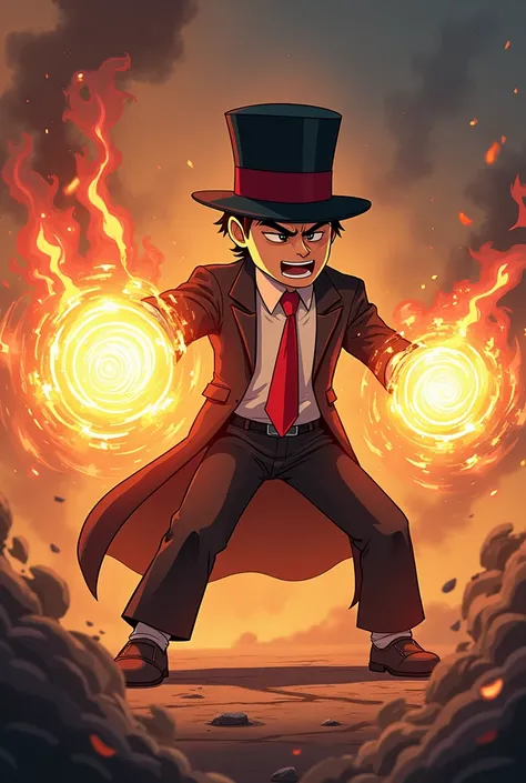 generates a stickman with a red tie, a top hat not so tall and that has the ability to have energy fists and that the drawing has a style similar to that of an anime but that his energy fists are connected to his commune and that it looks epic like his fes...