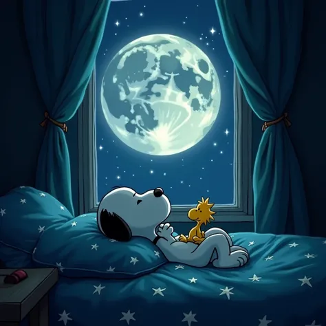 Snoopy, laying on the tiffany blue color stars pattern pillows with comfortable bedding set windowsill, looking outside the window, seeing a very very very big illuminating full moon and many little stars on sky, snoopy’s friend Woodstock laying on snoopy’...