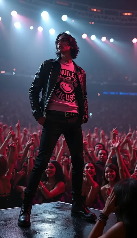 nsfw, erotic, popstar takes a photo, sold out stadium concert, rock concert, night, pov to the crowd, crowd jubelt ihm hintergrund, weisser dünner American male 20 jahre alt mit mittellangen schwarzen haaren , mit black pink jersey pullover mit "smile high...