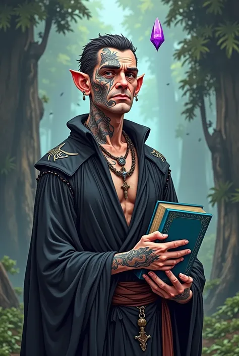 With medieval fantasy art geared towards cartoon: middle aged man, very clear skin, one side of his body and face is covered almost entirely by black tattoos. He wears a black and white robe and a small purple stone floats near his head.. He carries a thic...