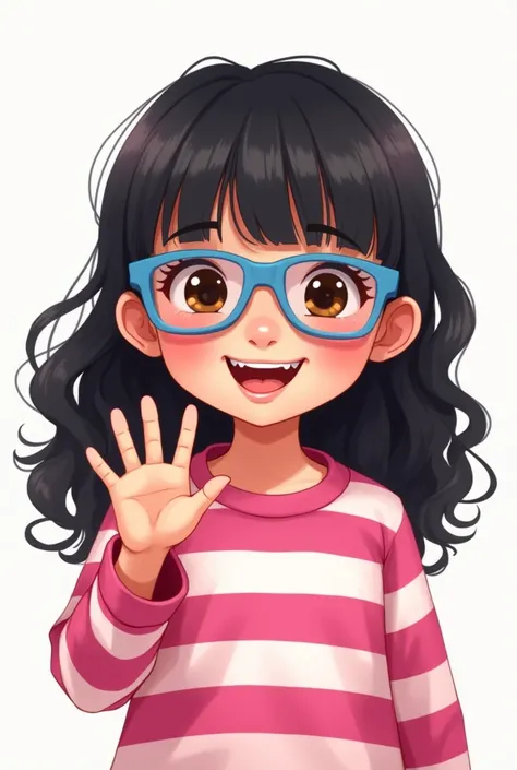 a child,, white skin long wavy black hair brown eyes straight black bangs in the middle blue colored glasses with a pink striped outfit with white making a hello gesture.