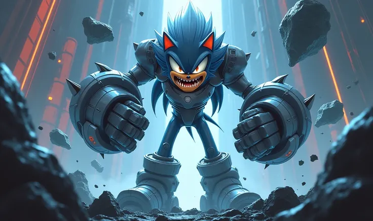 Create an image of the character Silver from the cartoon Sonic lifting rocks with an evil face in a cyber scenario.