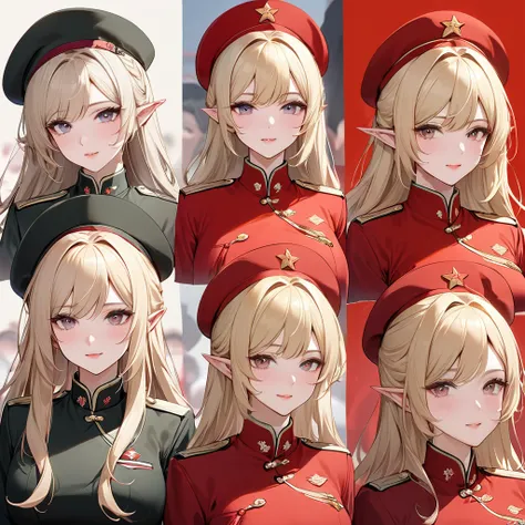 ((Best Quality)), ((masterpiece)), (detailed), （Perfect Face）、The woman is Seras Ashlain, a high elf with medium-long blonde hair, dressed in the uniform of a Chinese Communist Party member, adorned with luxurious jewelry and an engagement ring.、A woman be...