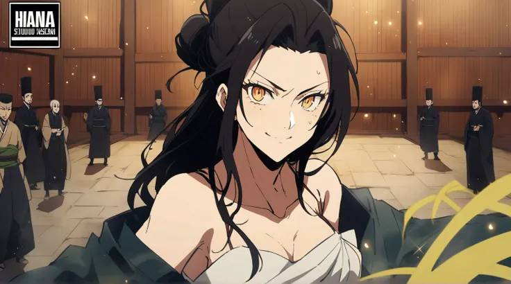 anime episode still playing, [Japanese Asian female protagonist 1 with black hair in a bun and fringes, white skin, golden amber eyes] with serious and focused facial expressions, big smile, wearing [light Heian-era Japanese-style clothes], in the Jujutsu ...