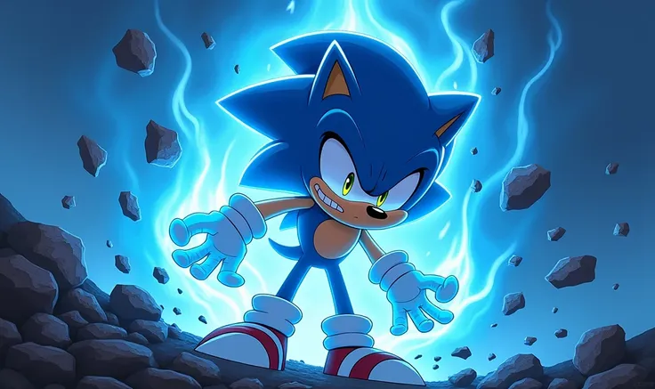 Create an image of the character Silver from the cartoon Sonic lifting rocks with an evil face in a blue scenario