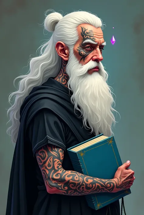 With medieval fantasy art geared towards cartoon: middle aged man, very clear skin, one side of his body and face is covered almost entirely by black tattoos. He wears a black and white robe and a small purple stone floats near his head.. He carries a thic...