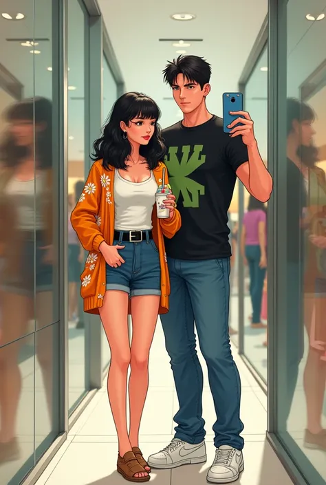 (Photorealism:1.2), Create the following illustration:
Couple taking a photo in the mirror of a shopping mall.
The girl is short and has dark skin, has wavy hair, long and dark. She is wearing a white tank top and white tailored shorts.. Wearing a black be...