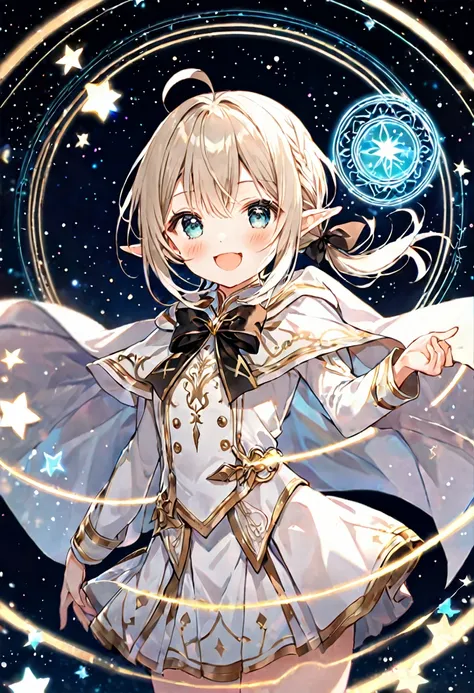 1 cute girl,
(light gold hair, lob hair, low ponytail, ahoge, black bow),
(Elf ear),
(dark aqua eyes, tareme),
smile,
open mouth, fang,

looking at viewer,

(white cape, gold line),
(white Monarchs clothes, gold line),
(white skirt, gold line),
(with a glo...