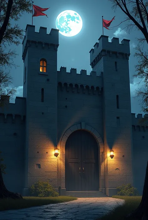 Create a training castle, that it be made of large and imposing stone with several floors. That it has an entrance with black doors and red flags hanging from some towers. Place leafy trees around and in front.. Let it be night and the moon be seen, Put to...