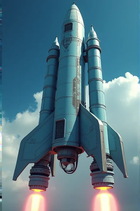 A space rocket of a hero from the 80s a light blue and dark blue rocket made of iron with robotic devices