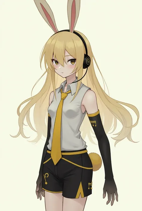 Vocaloid art, boy, Long blonde hair reaching the shoulders, Hair covering half of their face, Coal black eyes, Pale, Shy and having a cautious look, Collared shirt with daffodil yellow tie and accents and short sleeves, Black shorts that reached above the ...