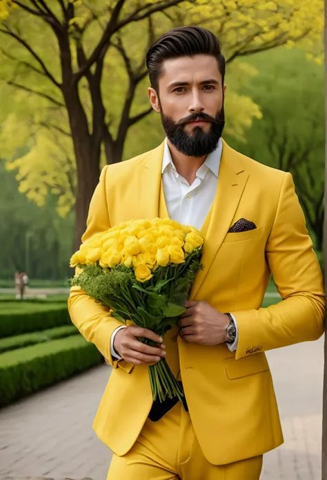 A handsome man, with an aesthetic face, elegant and with a beard, wears an elegant yellow suit, in his hand he carries a large bouquet of yellow flowers. The background is a beautiful park with natural landscape.
