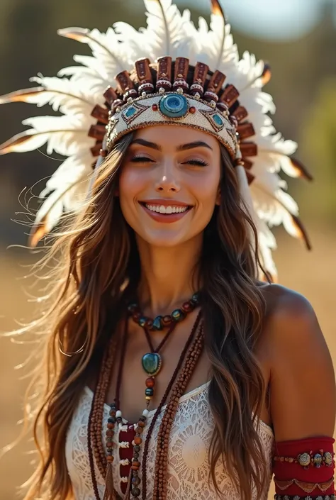 Portrait of a beautiful young woman with long flowing brown hair and pierced brown eyes. She wears a Native American inspired headdress adorned with white feathers and intricate beads. She stares directly at the viewer with a laughing expression. She also ...