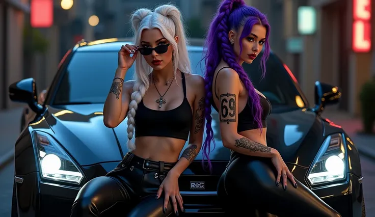 two pretty women with snow white and purple strands hair and braids she is wearing black leather leggings and a black top and has a 69 tattoo on her arm they are said to be leaning against a sports car in the dark on a street she is said to have a nice ass...