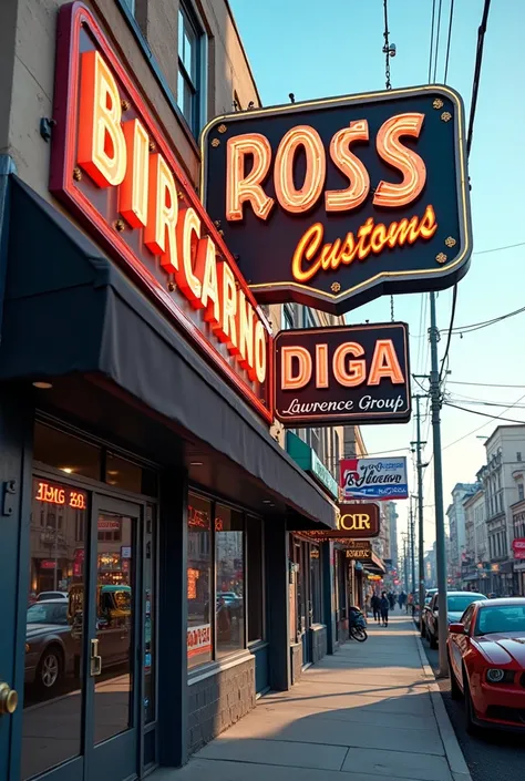 A mechanic&#39;s shop with a big sign that says R.O.S.S CUSTOMS and below R.O.S.S Customs diga LAWRENCE GROUP  