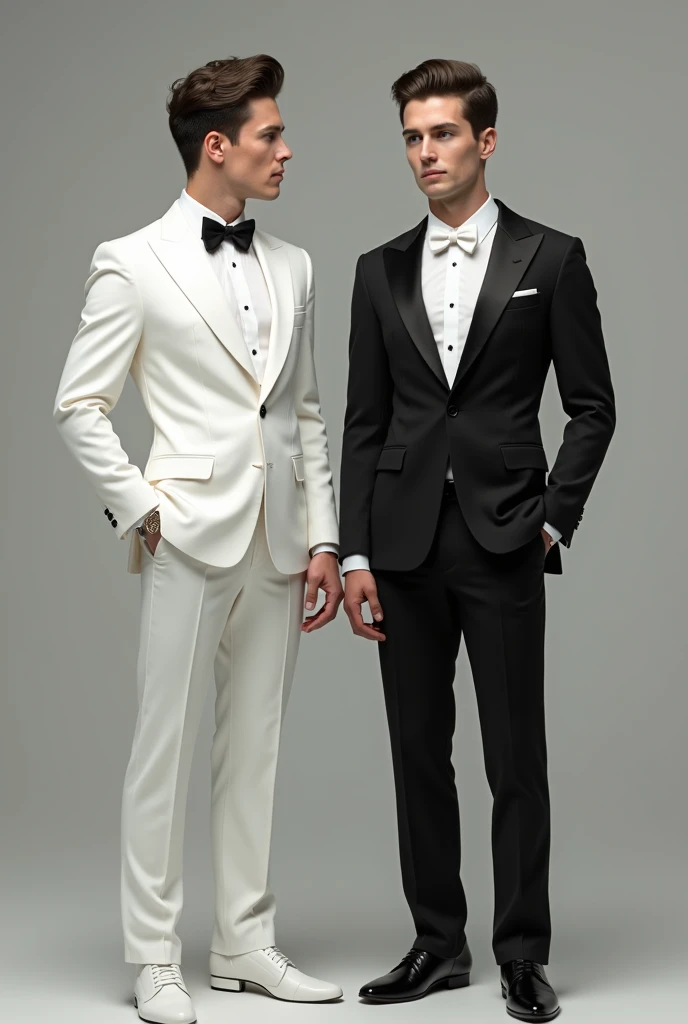 Twin brothers wearing a suits one is in white dress and one is in black dress
