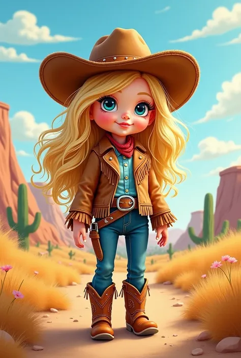  doll, blonde hair, blue eyes, cowboy style, playful drawing