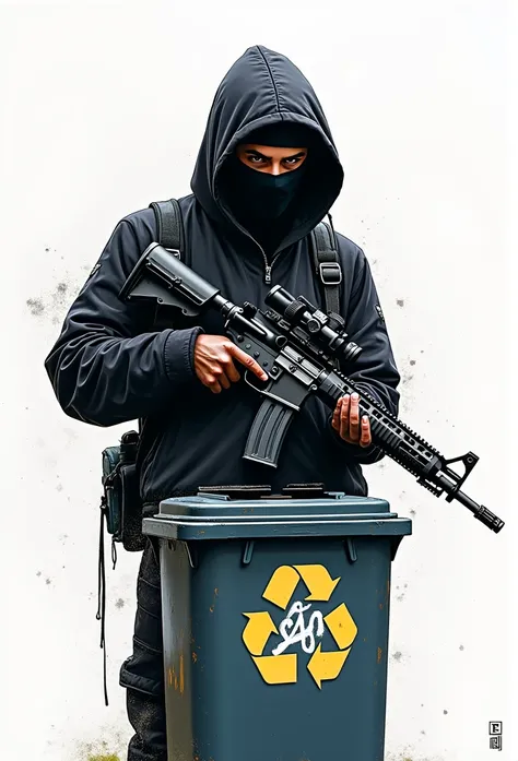 Armed with HK416 rifle, Qiu Tianwang&#39;s face, Connection Mask, Black bold outline style, Jagged edges, Front spray paint, Sticker illustration on white background, Recycle Bin, Light shadow - v 5.2