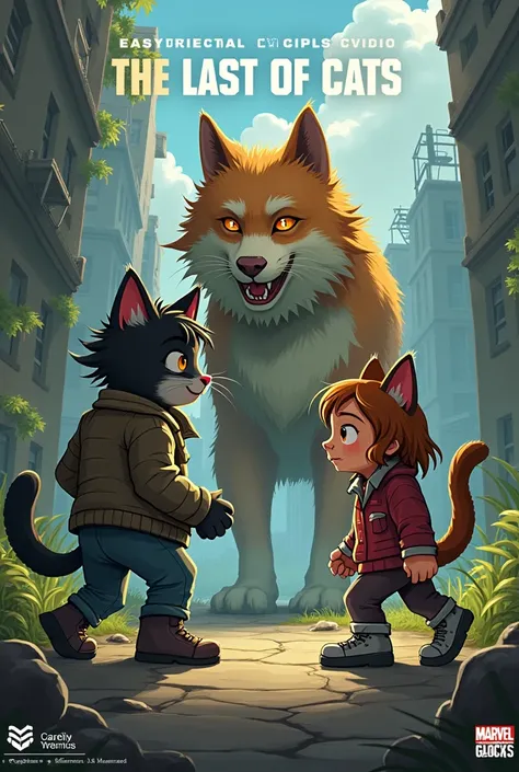 I want an image of the cover of The Last of Us , but Joel and Ellie have to be in animal form. The image is cartoonized, I want them in cat shape, and it has to be written on the cover The last of cats, and to be the cover of the game itself.
Put them figh...