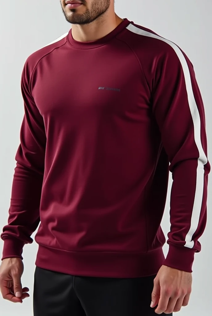 Make me a burgundy sports sweater where the right sleeve has a white line wrapping around the entire sleeve