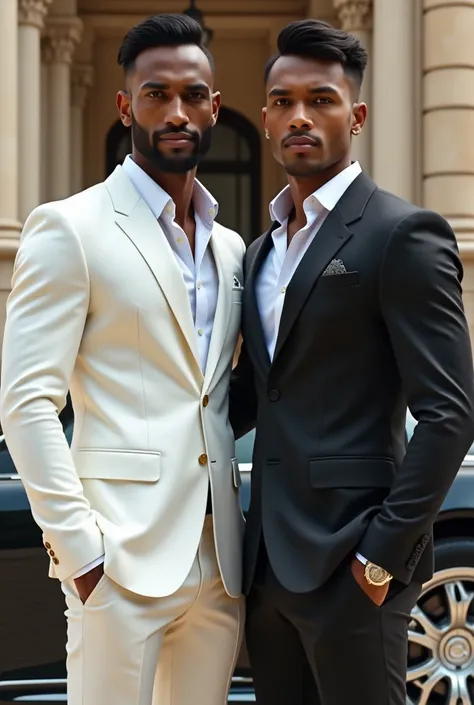 Twin brothers wearing a suits one is in white dress and one is in black dress
Back side come big building and car
They look like Indian 