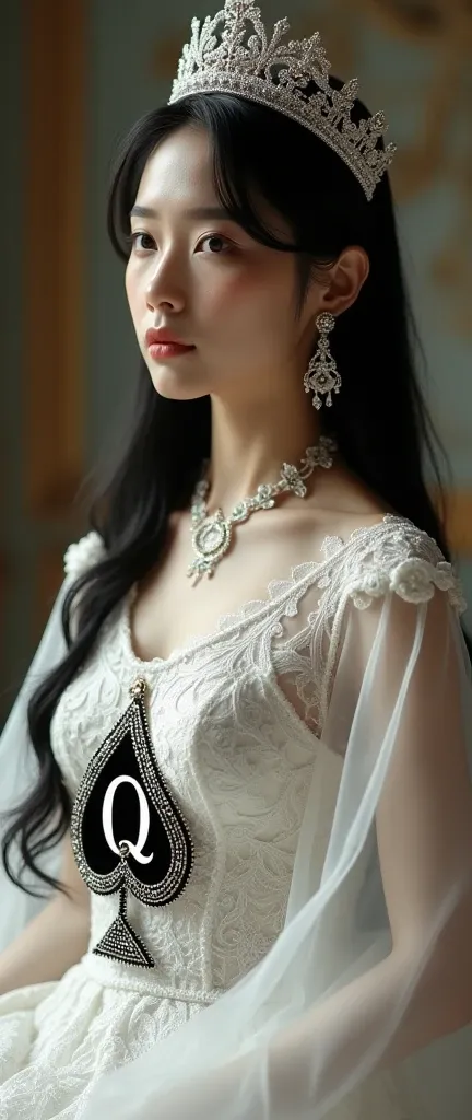 Magnificent detail, 8K Photos, hyper- realism, realistic background, visual depth, professional light. {A beautiful 66 year Korean goddess, Black hair, straight hair, white-skinned, she wears an ornate crown and a bright-white-lace-wedding-dress with the s...