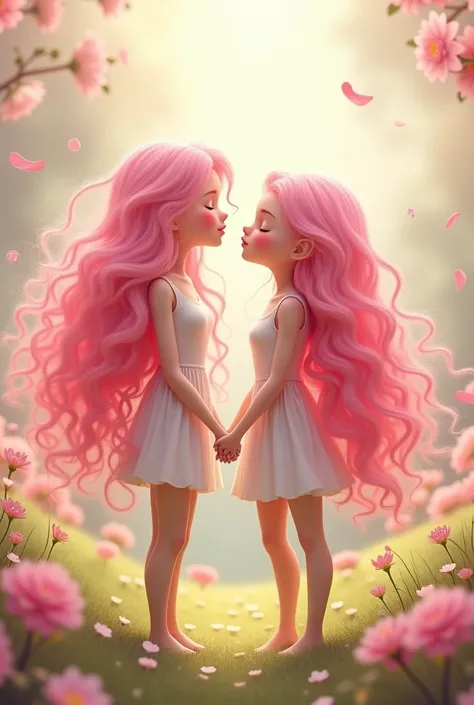  long curly hair and pink hair holding hands in a cute setting 