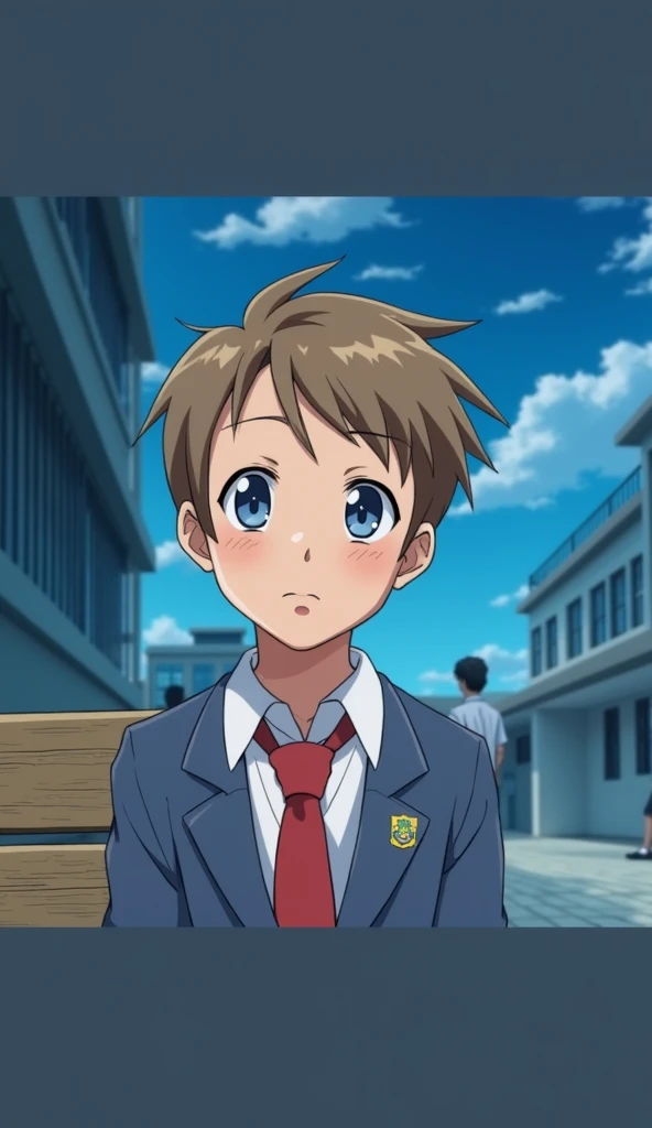 Boy of , light brown hair, blue eyes, Brazilian school uniform consisting of a blue suit, white dress shirt and red tie; he is sitting thoughtfully on a bench in the schoolyard. The sky is clear, but with some clouds in the background, and other students t...