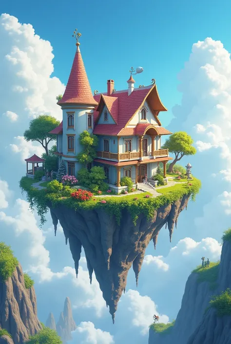   Island suspended in the sky. on this island, There is a surreal dreamlike house wonderland charming scenery exquisite details futuristic technology sense. vivid description. Perfect spectacle art design. Accurate and perfect anatomical structure with hig...